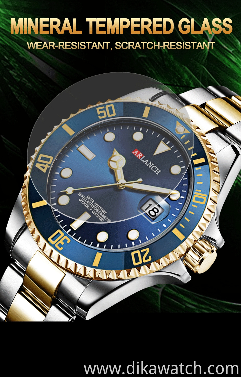 ARLANCH A306 New Water Ghost Series Classic Green Dial Luxury Men Not Automatic Watches Stainless Steel Waterproof Quartz Watch